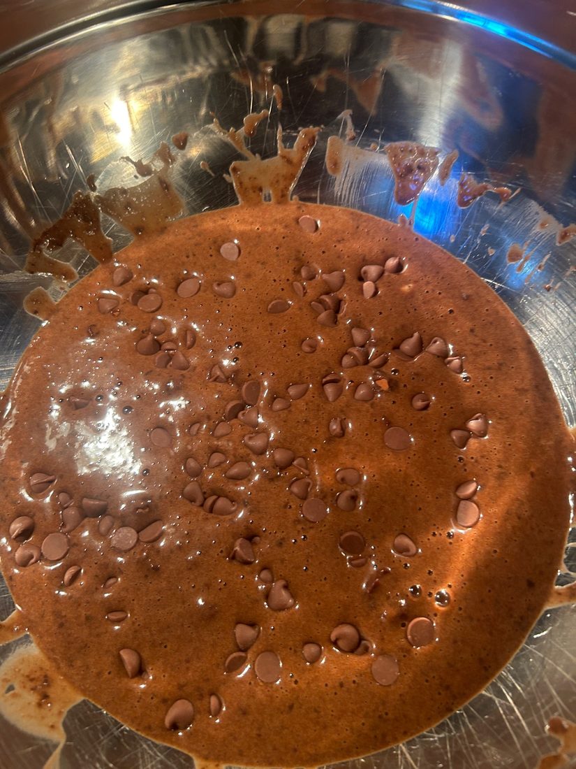 Chocolate chips folded into the batter