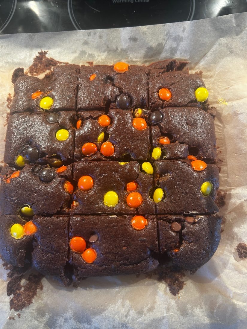 The brownie slab cut into twelve squares