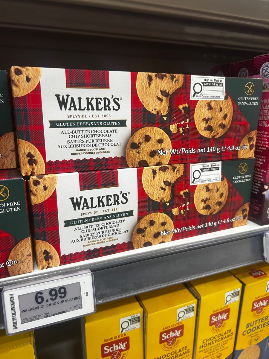 Walker's gluten-free chocolate chip shortbread on the store shelf